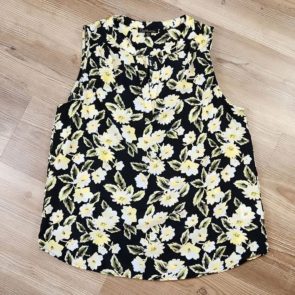 💜Dalia Black w/Yellow Floral Print Sleeveless Top Medium